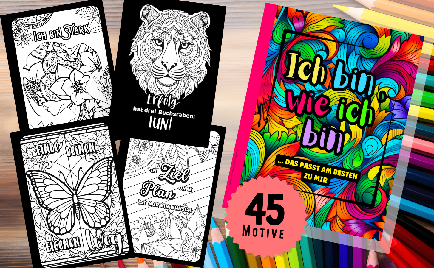 Ansicht des Malbuchs mit Sprüchen von Spruchdrauf mit Ansicht des Covers und einiger Beispielseiten