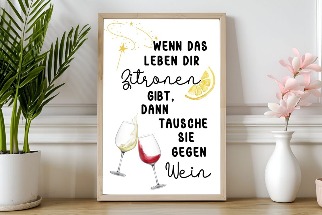 Bild mit Poster mit Weinspruch: Wenn das Leben dir Zitronen gibt, dann tausche sie gegen Wein.
