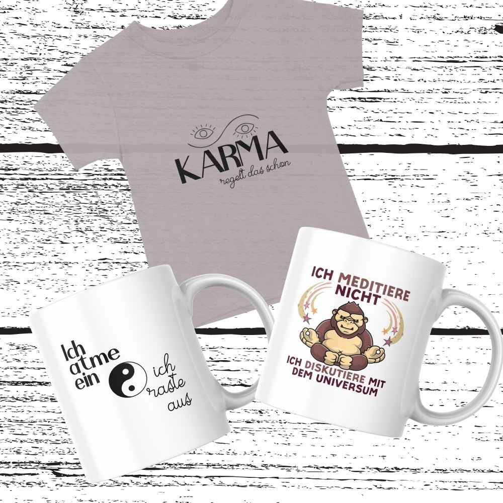 Geschenkideen mit lustigen spirituellen Sprüchen auf Tassen, T-shirts und mehr.