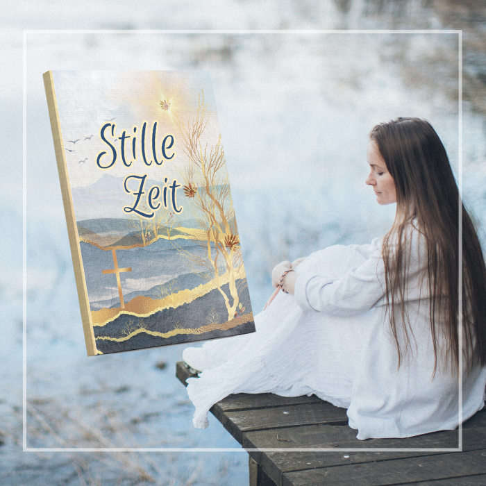 Frau sitzt am See mit Notizbuch „Stille Zeit“ – Andachtsbuch für Gebet & Bibelverse