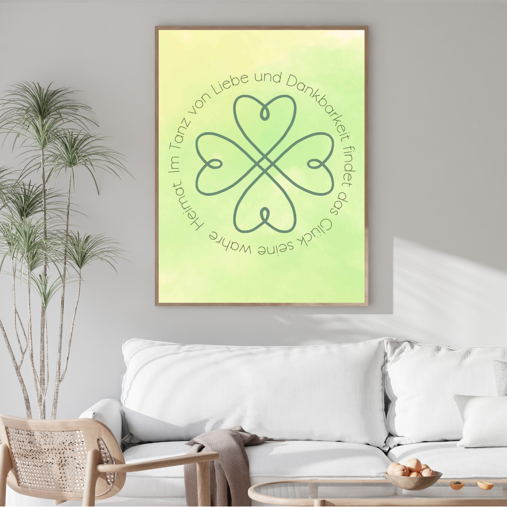 Poster mit Spruch über Glück, Liebe und Dankbarkeit im Kreisdesign