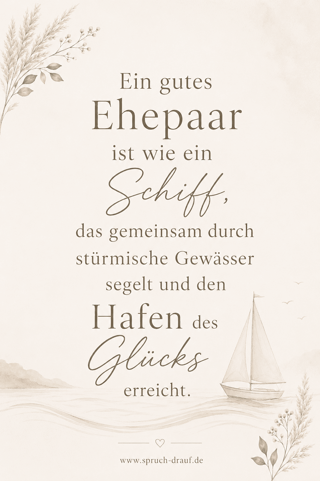 Metaphorischer Hochzeitsspruch über ein Ehepaar als Schiff auf dem Weg zum Hafen des Glücks