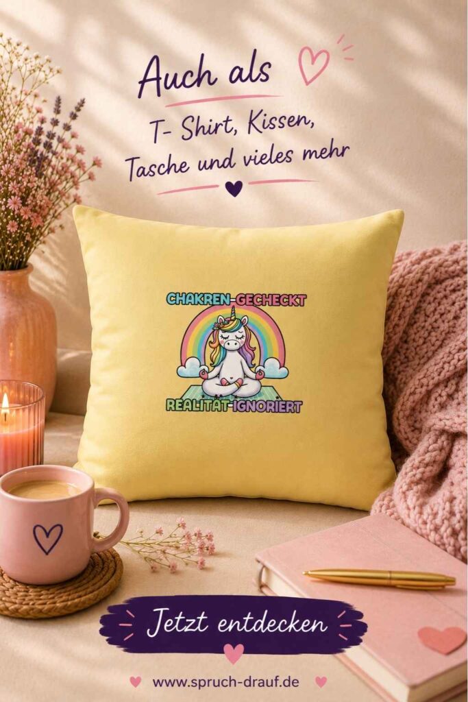 Gelbes Kissen mit lustigem spirituellem Spruch Chakren gecheckt Realität ignoriert