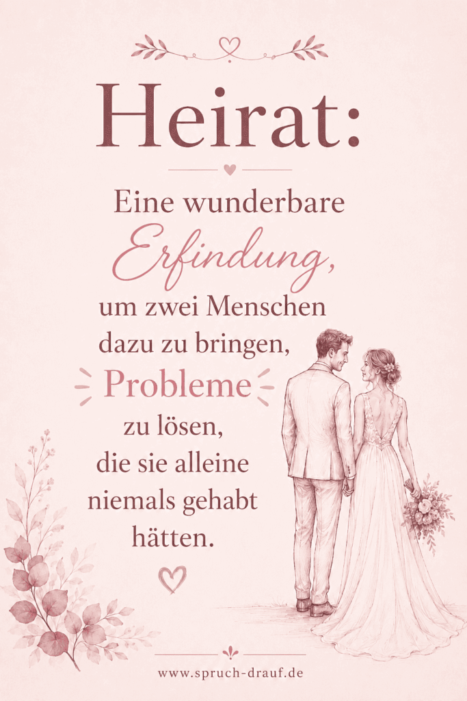 Lustiger Hochzeitsspruch über Heirat und gemeinsame Probleme mit gezeichnetem Brautpaar