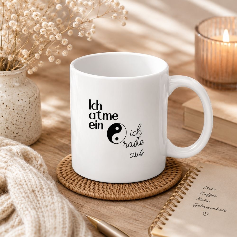 Weiße Tasse mit lustigem spirituellem Spruch Ich atme ein ich raste aus