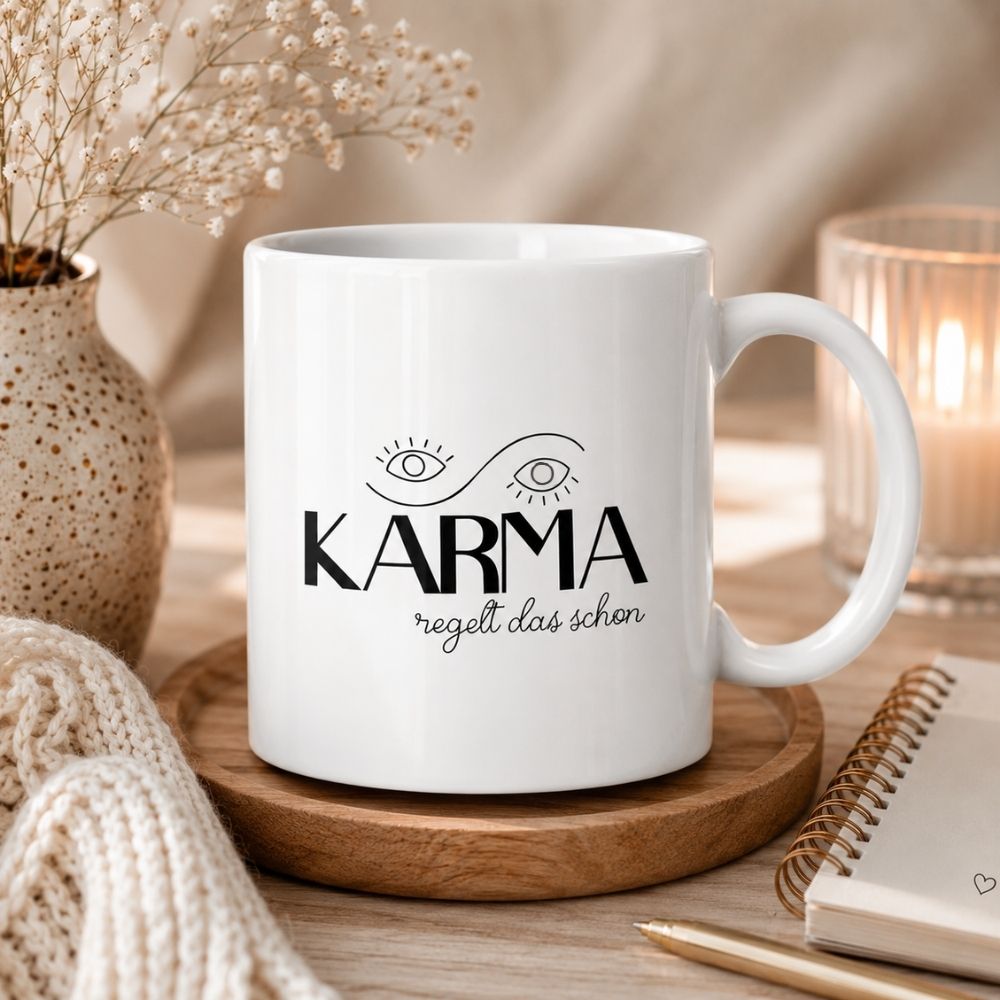 Weiße Tasse mit lustigem Karma Spruch Karma regelt das schon