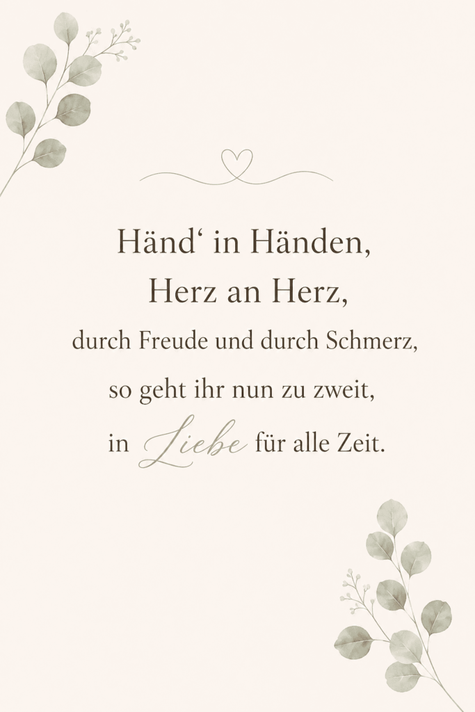 Kurzer Hochzeitsspruch für Gästebuch und Karte über Liebe, Freude und Schmerz