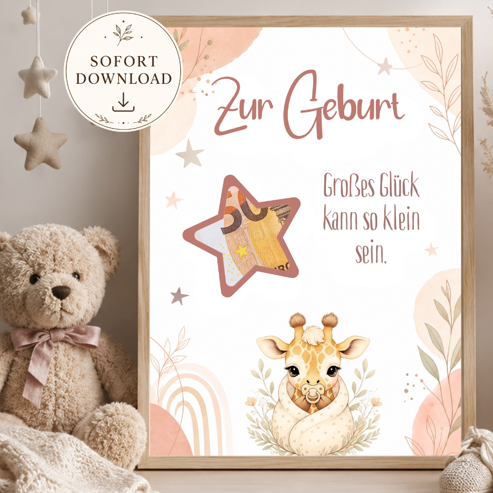 Geldgeschenk zur Geburt als PDF zum Ausdrucken mit Giraffe und Stern-Ausschnitt für Geldschein.
