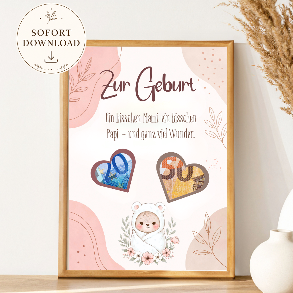 Geldgeschenk zur Geburt mit Herz-Ausschnitten für Geldscheine und Baby-Motiv als PDF-Vorlage.