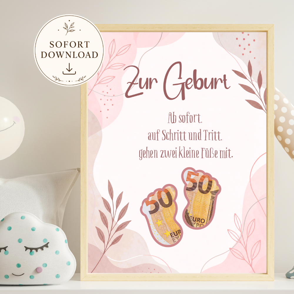PDF Geldgeschenk zur Geburt mit Babyfüßen für Geldscheine zum Selbstausdrucken.