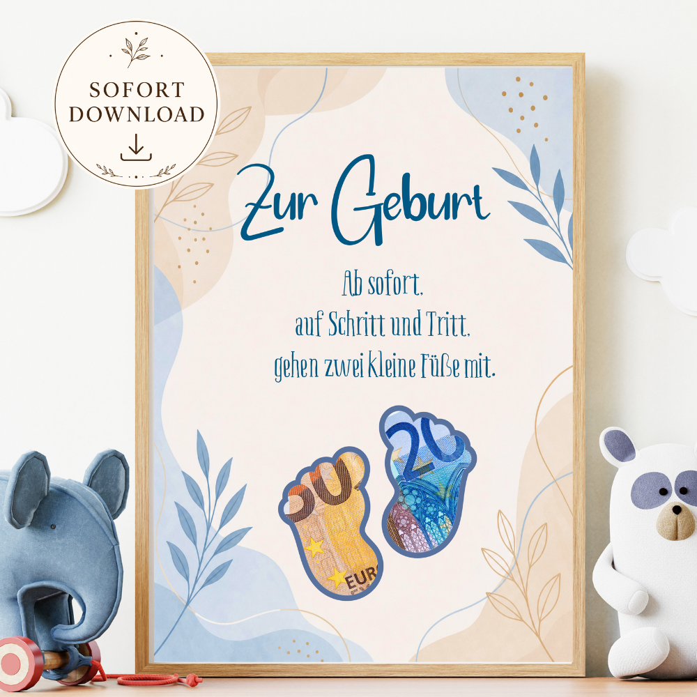 Geldgeschenk zur Geburt für Jungen mit Babyfüßen als PDF zum Ausdrucken.