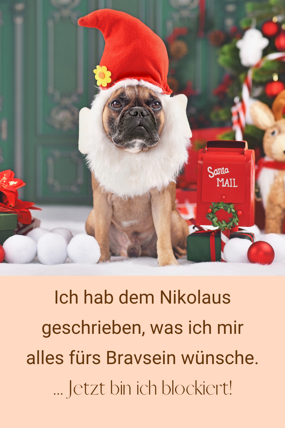 Hund mit Nikolausmütze neben einem roten Briefkasten. Spruch: „Ich hab dem Nikolaus geschrieben, was ich mir alles fürs Bravsein wünsche. … Jetzt bin ich blockiert!“